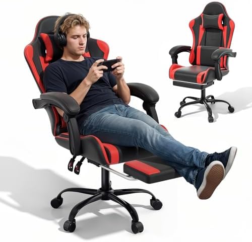 MoNiBloom Gaming Chair, with Footrest & Lumbar Support, Height Adjust, Red