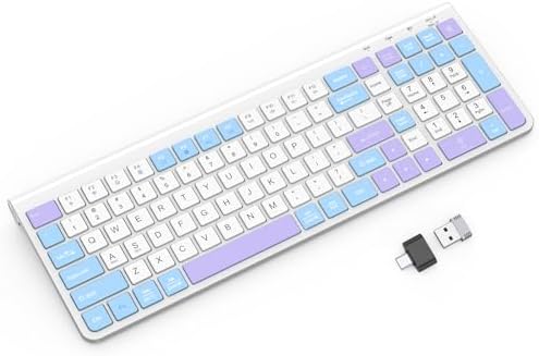 GAMCATZ Colorful Wireless Keyboard with Low-Profile Keys-Soft Touch,Cute,Quiet Design,Windows & Mac OS，Office Cordless Slient Computer Keyboard for Desktop,Laptop, PC, Mac, Windows-Purple Blue White