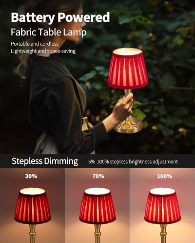 KDG Gold Cordless Table Lamps Set of 2, Red Fabric Shade Small Desk Lamp