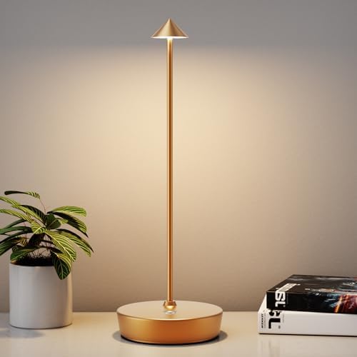 Rechargeable Cordless Table Lamp, Portable Powered LED Battery 6000mAh Metal USB Desk Lamp, 3 Levels Brightness Light for Restaurants Outdoor (Gold)