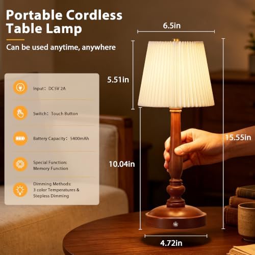 15.5'' Cordless Table Lamp, 5400mAh Rechargeable Small Bedside Lamp, White