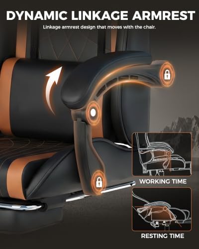 LUCKRACER Gaming Chair with Footrest, Pocket Spring Seat, 90°-135° Reclining Computer Chair with Linkage Armrests, Lumbar Support, Height Adjustment, SGS-Tested Gas Lift, 330 lbs Capacity, Brown