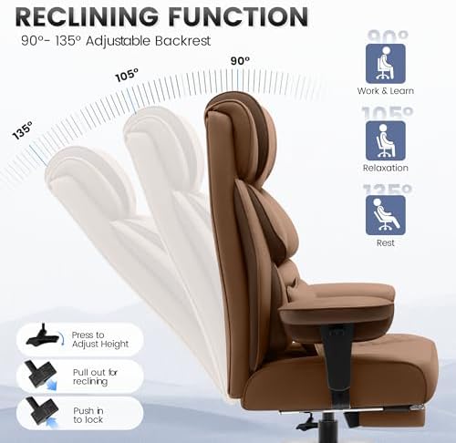 BestGlory Office Desk Chair, Big and Tall Leather Gaming Chair with Footrest, Ergonomic Comfy Executive High-Back Reclining Computer Chairs, Wide Swivel Rolling Wheels and Padded Lumbar Support,