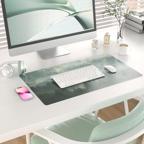 Faux Leather Large Mouse Pad, Office Desk Mat, 23.6"x13.8", Foggy Forest