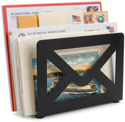 MyGift Black Metal Desktop Mail Organizer Letter Holder Envelope Design