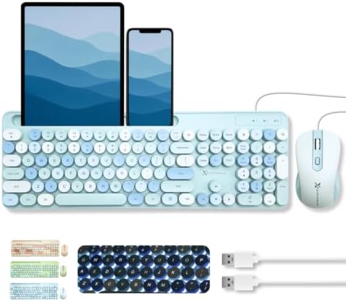X9 Wired Keyboard and Mouse Combo with Backlight - Retro Typewriter Round Keycaps, Phone/Tablet Dock, 109 Fullsize Keys, Cute Colorful Blue Keyboard, Pastel Keyboard for Laptop, PC and Chromebook