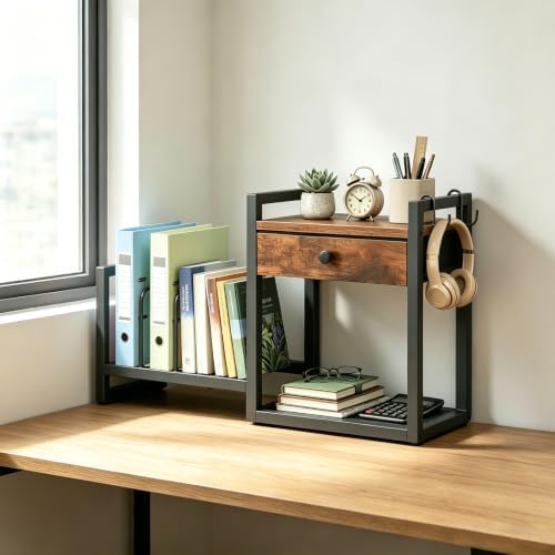 MAHANCRIS Desktop Shelf Organizer, 2-Tier Wooden Desk Bookshelf, Small Tabletop Book Shelf with Drawer and Hooks, Countertop Storage Rack for Home, Office, Dorm, Rustic Brown POHR2201