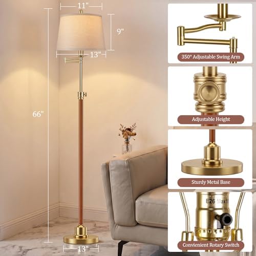 Vintage Floor Lamp for living room, Walnut Gold Farmhouse Standing Lamp with 350° Swivel Swing Arm, 56.6''-66'' Mid Century Modern Height Adjustable Tall Lamp for Bedroom Office(LED Bulb Included)
