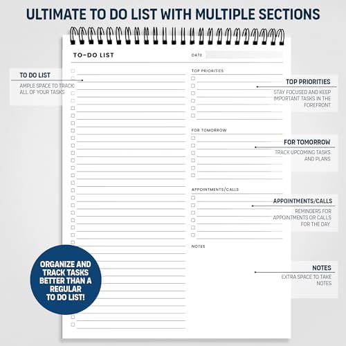 To Do List Spiral Notepad 8.5x11 52 Sheets, Daily Planner Notebook for Work