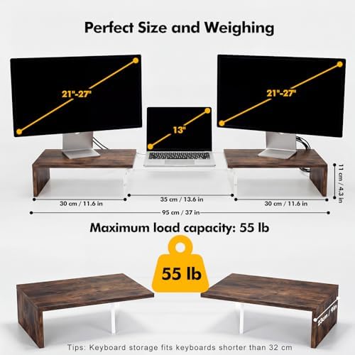 Dual Monitor Riser, Acrylic Monitor Riser, Adjustable Angle & Length Computer Monitor Stand, Wide Desk Shelf for Top of Desk for Home Office_Wood Look Small