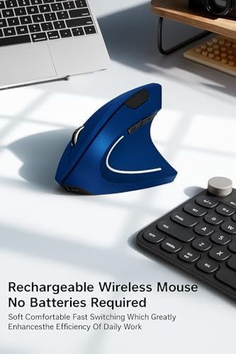 Ergonomic Vertical Wireless Mouse Stylish Rechargeable 2.4G Optical Mice Cordless Mouse with USB Receiver, 800/1200 /1600 DPI, 5 Buttons for Laptop,PC,Mac,Computer (Blue)