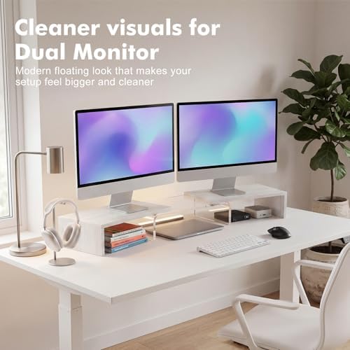 Dual Monitor Riser, Acrylic Monitor Riser with Keyboard Storage, Adjustable Angle & Length Computer Monitor Stand, Wide Desk Shelf for Top of Desk for Home Office_White Maple Look