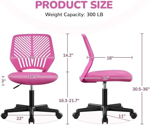 Yaheetech Small Desk Chair, Armless Adjustable Swivel Seat, Rose Red