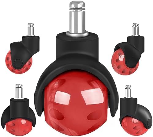 Office Chair Wheels Replacement 2 Inch Rubber Ball Caster Wheels for Wood Floor Carpet Mats, Set of 5, Heavy Duty Desk & Gaming Chair Casters 7/16" (11mm) Grip Ring Stem, Quiet Smooth Rolling (Red)