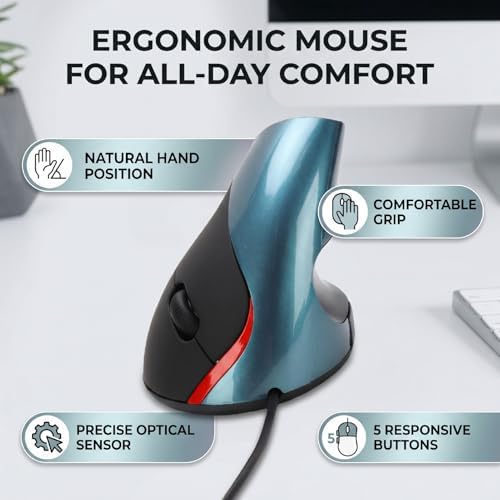 Zunate Ergonomic Vertical Mouse, 5 Buttons Wired Optical USB Computer Mouse with 60 Degree Design for PC Laptop Office Gaming Work