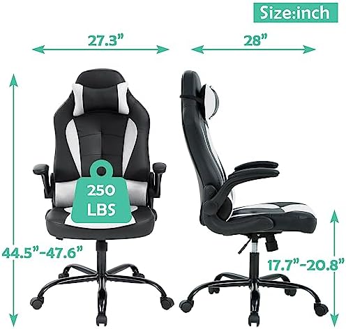 High Back PU Leather Office & Gaming Racing Chair - Comfortable & Heavy Duty - Headrest & Lumbar Support - Height Adjustable - Big & Tall Size - White