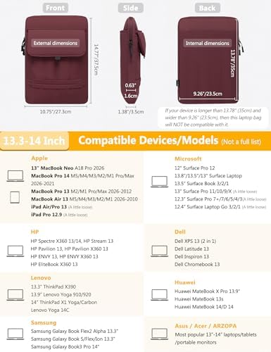 HYZUO 13.3-14 Inch Puffy Laptop Case Sleeve Padded Handbag, Wine Red