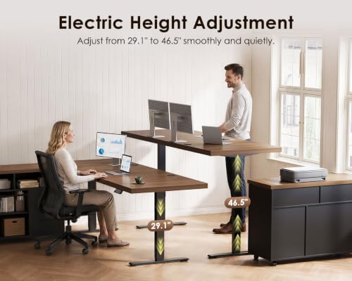 OffiGo 79 Inch Executive L-Shaped Electric Standing Desk, Walnut & Black