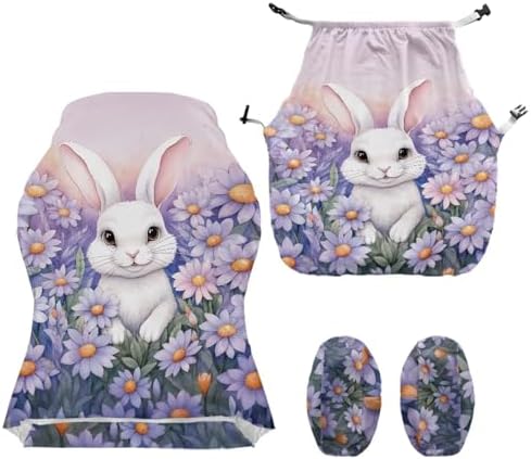 Rabbit Daisy Print Gaming Chair Cover Slipcovers 4pcs with Armrest Covers Washable Anti Scratch Furniture Protector Stretchable Office Chair Slipcover