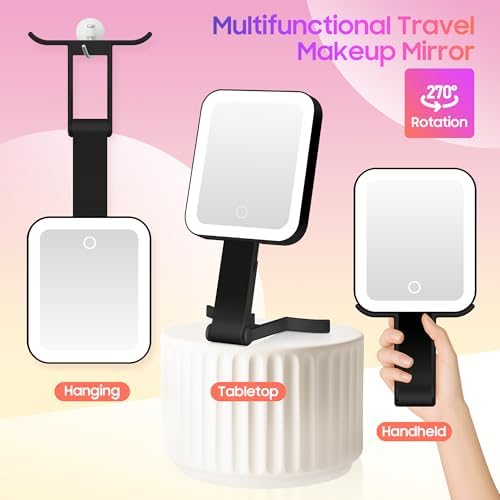 GOMIPURU Magnifying Travel Mirror with Light, 30X/1X Double-Sided Magnifying Mirror with 3 Color Lights, Brightness Adjustable, Foldable Handheld Makeup Mirrors Portable for Travel and Desktop, Dark