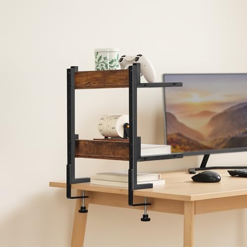 HOOBRO Clamp On Desk Shelf, 2-Tier Desktop Organizer, Space-Saving Desk Shelf with Adjustable Shelves, for Office, Study, Entertainment Accessories, Rustic Brown and Black BF32SJ01