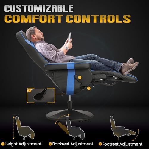 Massage Gaming Recliner Chair with Cup Holder & Side Pockets – Ergonomic PU Leather Video Gaming Chair with Footrest, Manual Recline, Headrest & Lumbar Support for Office or Game Room (Blue)