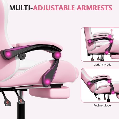 Mr IRONSTONE Pink Gaming Chair with Footrest, Ergonomic High Back Gamer Chair with Massage Lumbar Support, Reclining Video Game Chair with Adjustable Headrest, Swivel Computer Desk Chair