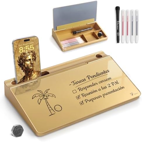 TOWON Compact Glass Desktop Whiteboard with Storage 12x7 in, Metallic Gold