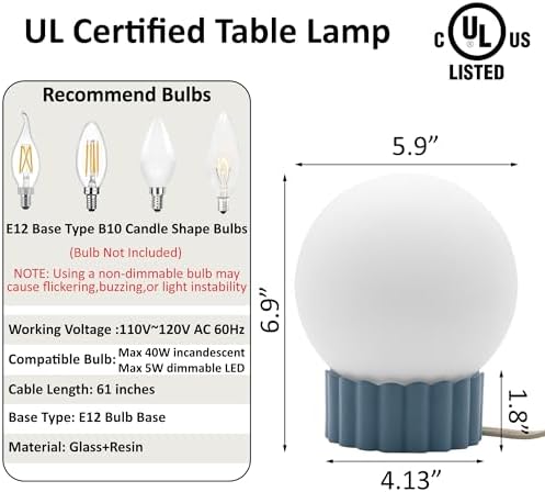 6.9” Table Lamp with Opal Glass Globe & Resin Base, E12 Base, UL Listed