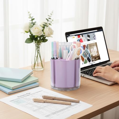 Comix 360° Rotating Pen Holder for Desk, Purple Pencil Holder with 5 Slots
