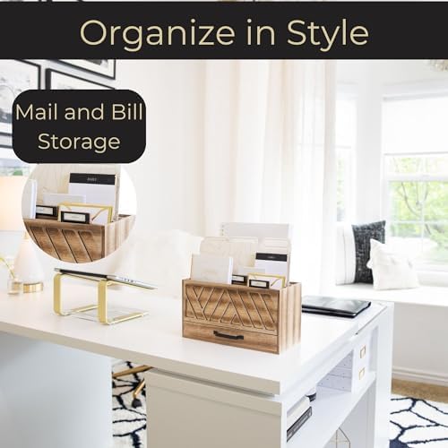 BLU MONACO | Natural Wood Desktop Mail Organizer with Drawer | Three-Tier Mail Sorter with Black Label Holders | Countertop Mail Holder & Document Storage for Home or Office
