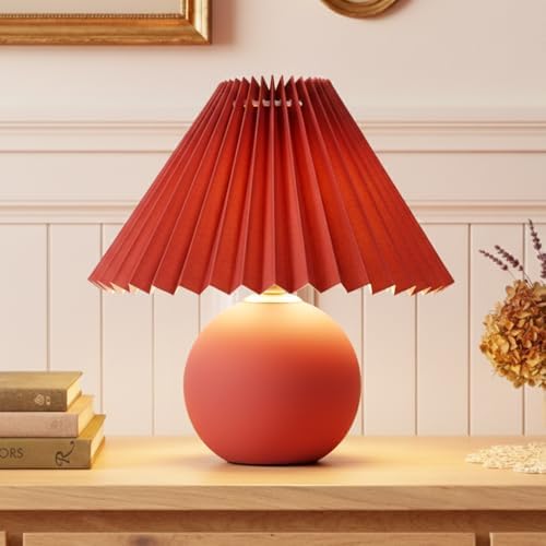 Brightech Serena LED Table Lamp - Small 10" Modern Ceramic Lamp with Pleated Shade for Bedside, Nightstand, Desk - Mini Night Light with Cozy Soft White Light for Living Room, Bedroom - Maroon Red