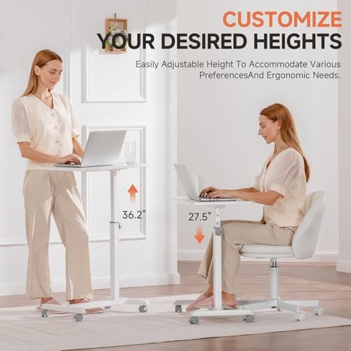 GTPLAYER Small Standing Desk, 24 Inches Mobile Rolling Laptop PC Table with Lockable Casters, Adjustable Height Overbed Bedside Table Computer Workstation for Home Office, White-Fixed