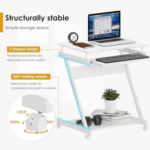 soges Movable Desk for Computer, Small Double-Layer Workstation, Computer Desk Cart, with Universal Lockable Wheels and Keyboard Tray, White