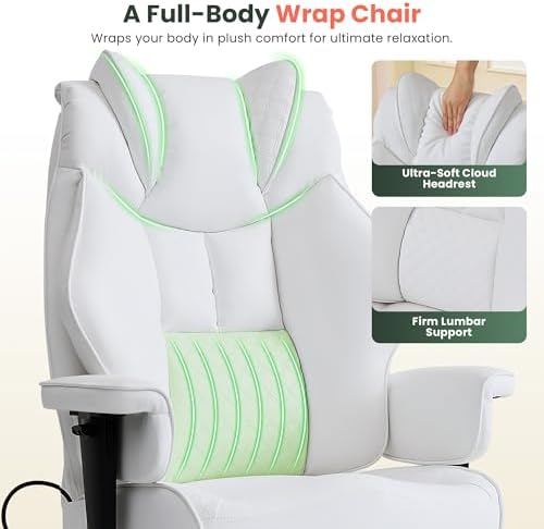CIOMAN 500lbs Big and Tall Office Chair Adjustable Lumbar Support, Extra Wide Seat Ergonomic Gaming Chair with Footrest, Heavy Duty High Back Executive Leather Computer Desk Chair, White