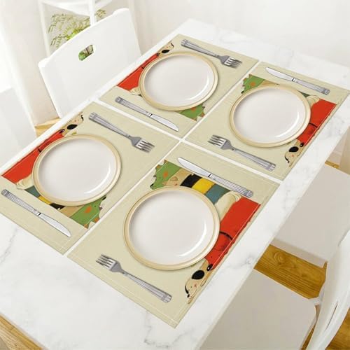 Stacked Dogs Colorful Linen Placemats Set of 4PCS, Heat Resistant Non-Slip Washable Table Placemats for Dining Everyday Use Hotel Banquet Home Decor