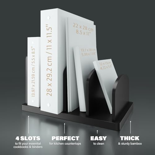 Cook Book Organizer, 4 Sections, Recipe Book Holder Rack, Tabletop Stand for Convenient Cookbook Storage, Vertical Cook Book Stand Kitchen, Binder Holder for Desk & Countertop (Black)