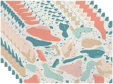 Batmerry Terrazzo Inspired Abstract Linen Placemats Set of 6, Pastel Geometric Shapes Washable Table Mats for Kitchen Table Thickened Heat Insulation Dining Set Indoor Outdoor 12X18 in