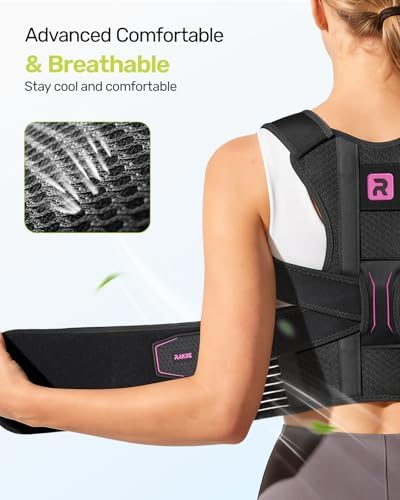 Rakiie Posture Corrector for Women and Men, Upgraded Back Brace with Enhanced Support, Shoulder Straightener with Cushioned Shoulder Pads & Underarm Pain Relief Strap, Rose Red XL
