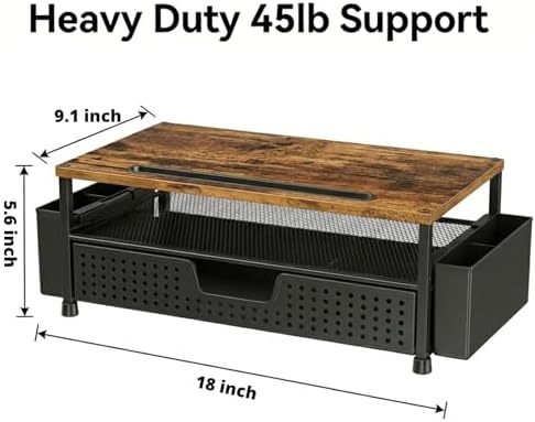 Desk Organizer and Accessories, 2-Tier Computer Monitor Stand Rise with Phone Holder, Drawer & 2 Pen Holders, Laptop & Printer Stand for Desktop, Workspace Organizers for Office Supplies (Brown Wood)
