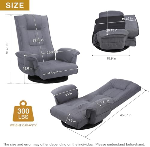 Ergonomic Swivel Floor Gaming Chair with Armrests & Side Pockets, 6-Position Reclining Sofa Bed, Foldable Padded Lounger with Thick Cushion & Lumbar Support for Esports, Reading, TV Watching, Grey