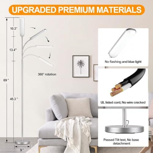 marctronic Silver Modern Floor Lamp, 18W 1800LM Bright LED, Touch Control & Memory Function, Dimmable Timing Eye-Caring Lamp for Office/Bedroom