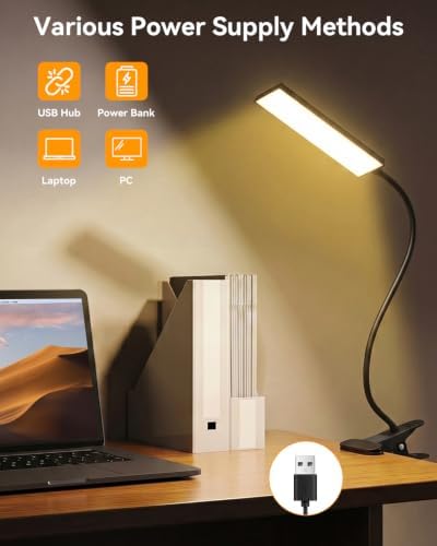 Eye-Caring Adjustable LED Reading Clamp Desk Lamp with 48 LEDs Flexible Neck, 3 Color Modes & 11 Brightness Levels for Office Bedroom Study (Black)
