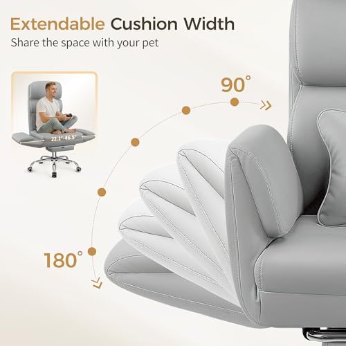 Big and Tall Office Chair 500LBS, Ergonomic High Back Leather Executive Chair, Reclining Swivel with Adjustable Armrests Lumbar Support Footrest, Cross Legged, Light Gray