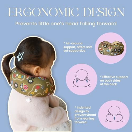 SKYTRAX® Certified Kids Safe Memory Foam Travel Neck Pillows for Kids and Toddlers, Cute Cartoon Design, Car Seat & Airplane Head Neck Support, Adjustable Snap Buttons, Washable Soft Cover (Racecar)