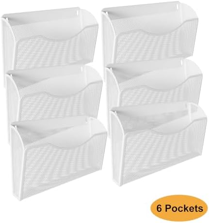 PAG-Mass 6 Pockets Wall File Holder Office Hanging File Organizer Metal Wall Mount Magazine Rack, White