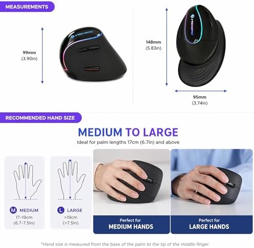 J-Tech Digital Ergonomic Mouse with Wireless Connection, Removable Palm Rest, Thumb Buttons, Rechargeable Battery, 800 DPI, Compatible with Windows and MAC OS