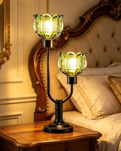 Green Glass Table Lamp Dimmable Vintage Black Flower Lamp Gift