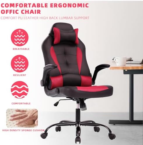 Video Gaming Chair,Ergonomic Computer Office Desk Chair with Lumbar Support Flip Up Arms Adjustable Height Swivel PU Leather Executive with Wheels for Kids Adults Women Men Gaming Home Office(Red)
