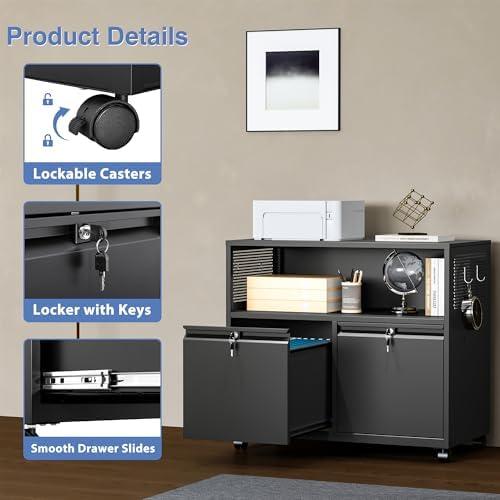 Metal File Cabinet,2 Drawer Filing Cabinet with Lock,Rolling Printer Stand Storage Cabinets with Shelves for Home Office Letter/Legal/A4 Size Files(Black)